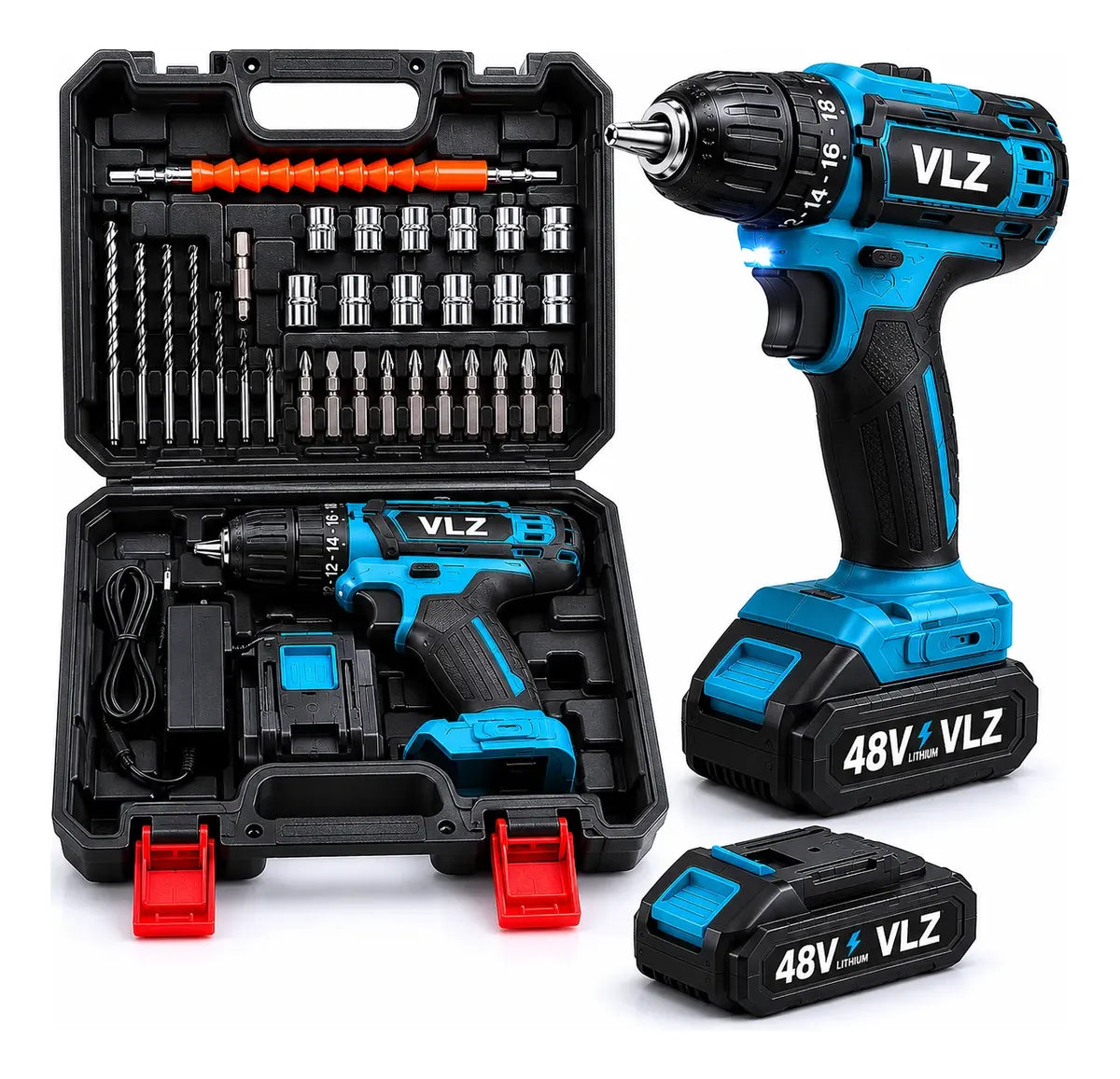 Taladro inalámbrico KINXPOR 48V con 2 baterías, cargador, maletín, brocas, puntas, dados y accesorios. Ideal para perforar, atornillar y realizar trabajos en casa o taller.