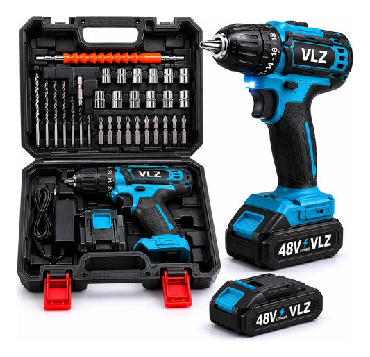 Taladro inalámbrico KINXPOR 48V con 2 baterías, cargador, maletín, brocas, puntas, dados y accesorios. Ideal para perforar, atornillar y realizar trabajos en casa o taller.