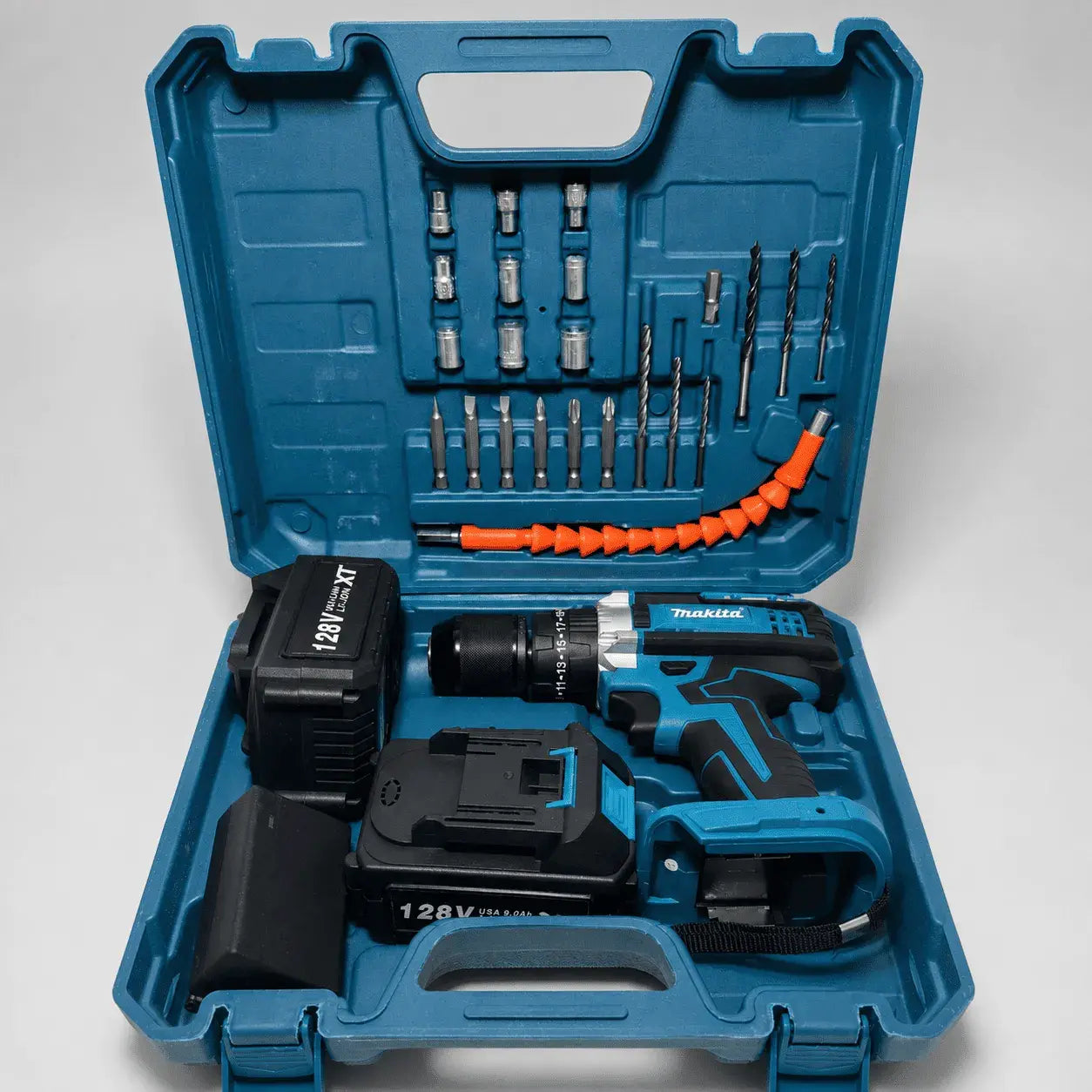 Taladro percutor inalámbrico 128V con doble batería, cargador rápido, maletín y accesorios completos. Ideal para perforar y atornillar en casa o trabajo.
