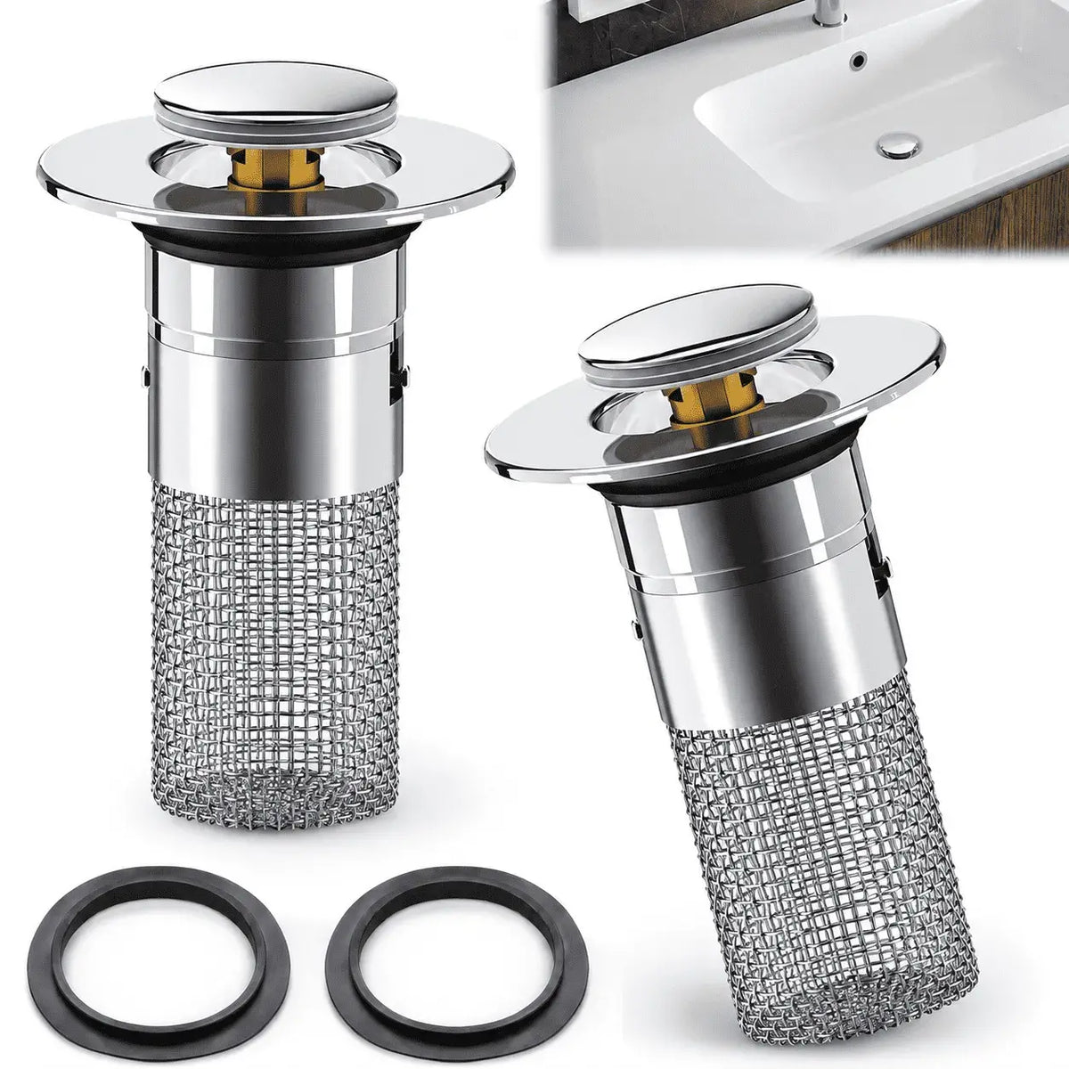 Tapón emergente Steel Fresh para lavamanos con filtro de acero inoxidable, diseñado para retener residuos y ayudar a prevenir obstrucciones.