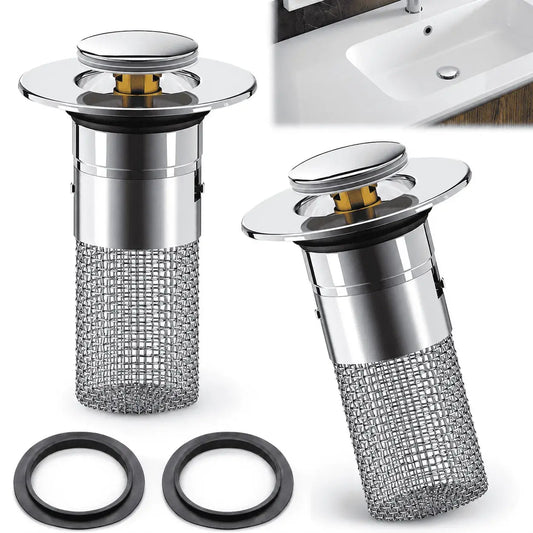 Tapón emergente Steel Fresh para lavamanos con filtro de acero inoxidable, diseñado para retener residuos y ayudar a prevenir obstrucciones.