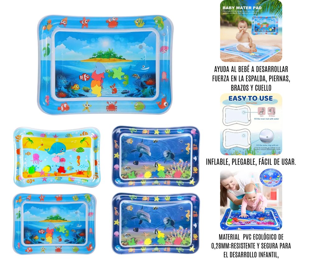 Tapete sensorial de agua para bebé con diseño marino. Estimula el tiempo boca abajo, fortalece músculos y desarrollo sensorial con material PVC seguro y libre de BPA.