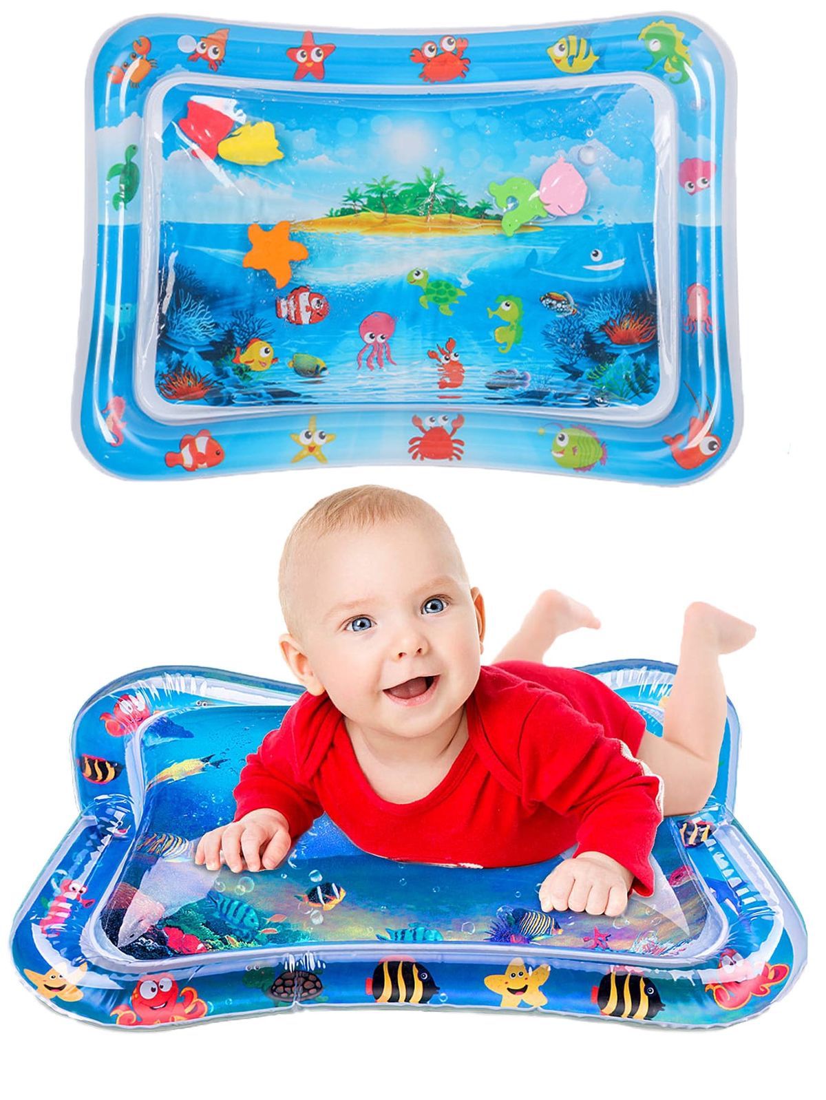 Tapete sensorial de agua para bebé con diseño marino. Estimula el tiempo boca abajo, fortalece músculos y desarrollo sensorial con material PVC seguro y libre de BPA.
