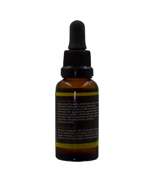 Taurimax solución oral sabor frutos rojos para adultos, con borojó, chontaduro, noni, guaraná, maca y extracto de malta. Complemento líquido para vitalidad, energía y bienestar íntimo.