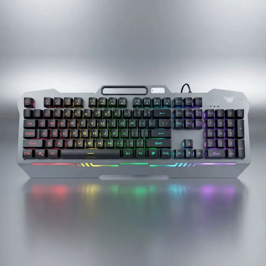 Teclado gamer AULA F3010 tipo inglés con retroiluminación 7 colores, 104 teclas, panel metálico y conexión USB. Ideal para gaming y oficina.