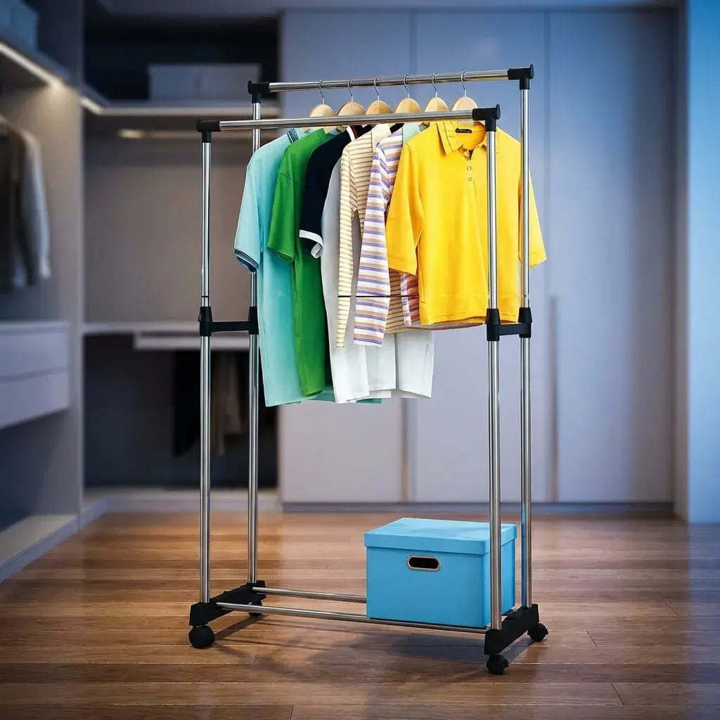 Tendedero organizador de ropa doble metálico 2 en 1, resistente, estable y fácil de instalar, ideal para ahorrar espacio en el hogar.