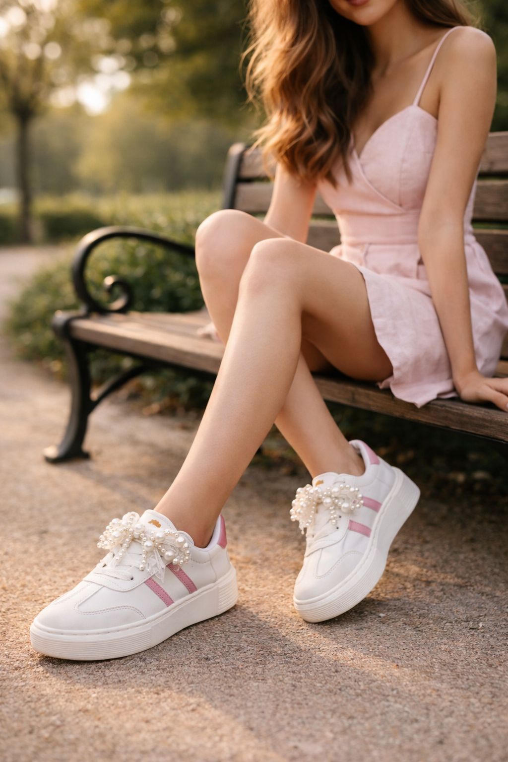 Tenis dama Loving con perlas y encaje removible, plataforma ergonómica y acabado en sintético tipo cuero. Estilo delicado y cómodo para Colombia.