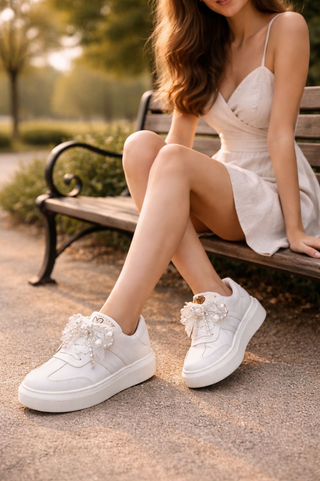 Tenis dama Loving con perlas y encaje removible, plataforma ergonómica y acabado en sintético tipo cuero. Estilo delicado y cómodo para Colombia.