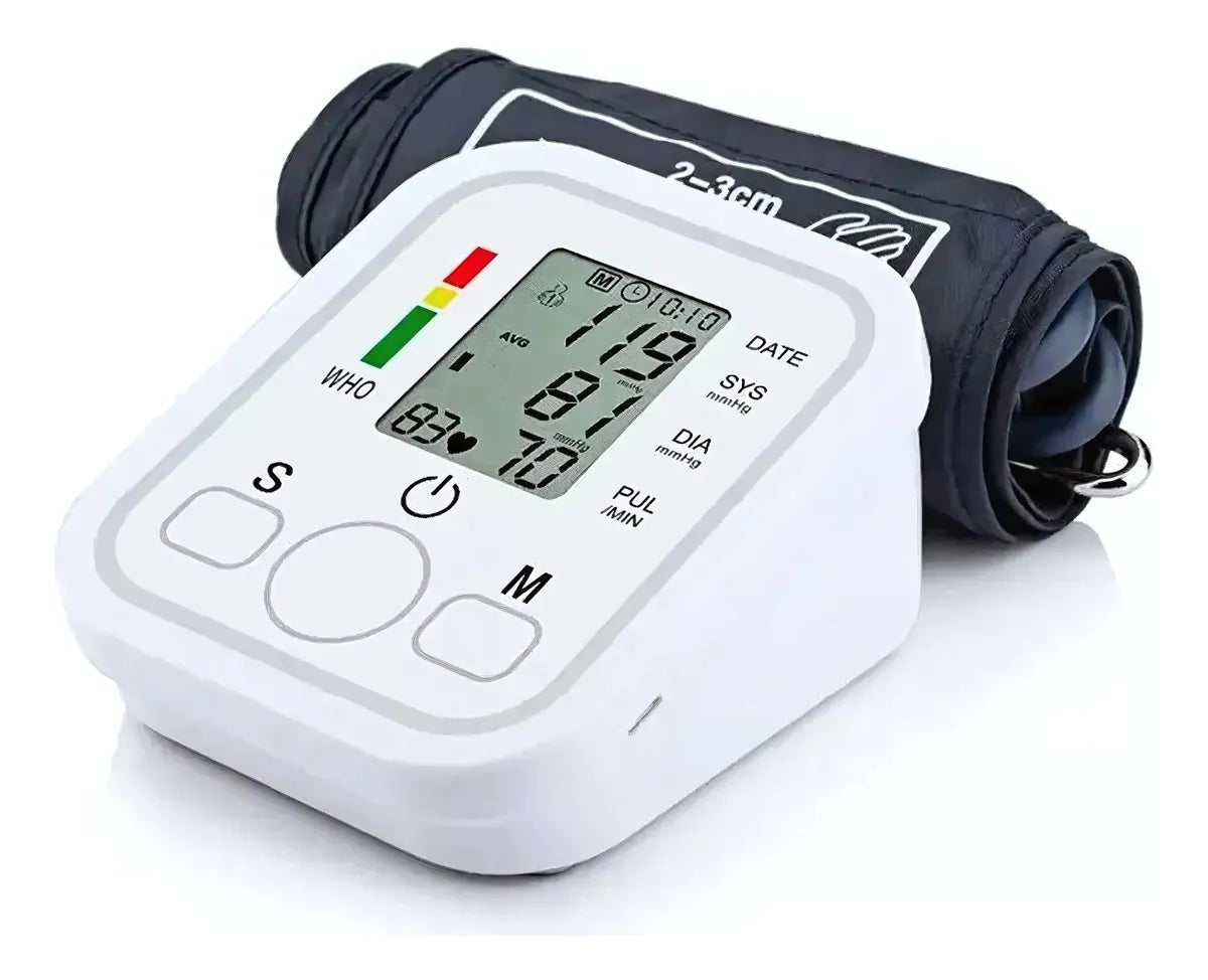 Tensiómetro digital de brazo automático con pantalla LCD, indicador OMS y memoria. Ideal para medir presión arterial y pulso en casa de forma fácil y precisa.