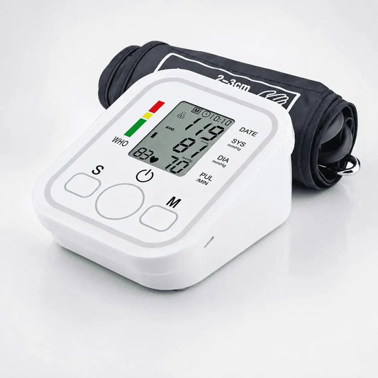 Tensiómetro digital de brazo automático con pantalla LCD, indicador OMS y memoria. Ideal para medir presión arterial y pulso en casa de forma fácil y precisa.