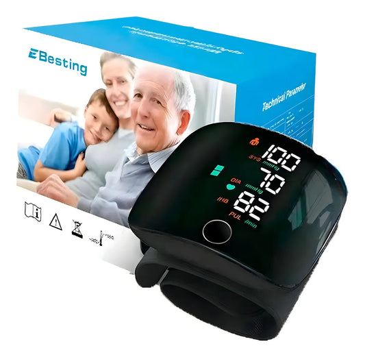 Tensiómetro digital de muñeca con pantalla LED, medición automática y diseño portátil recargable.