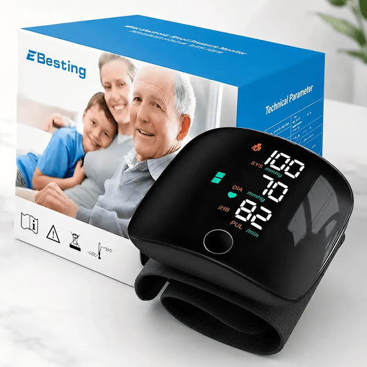 Tensiómetro digital de muñeca con pantalla LED, medición automática y diseño portátil recargable.