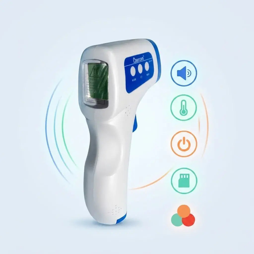 Termómetro digital infrarrojo sin contacto con pantalla de 3 colores, alarma de temperatura elevada, memoria de 32 registros y medición en °C y °F.