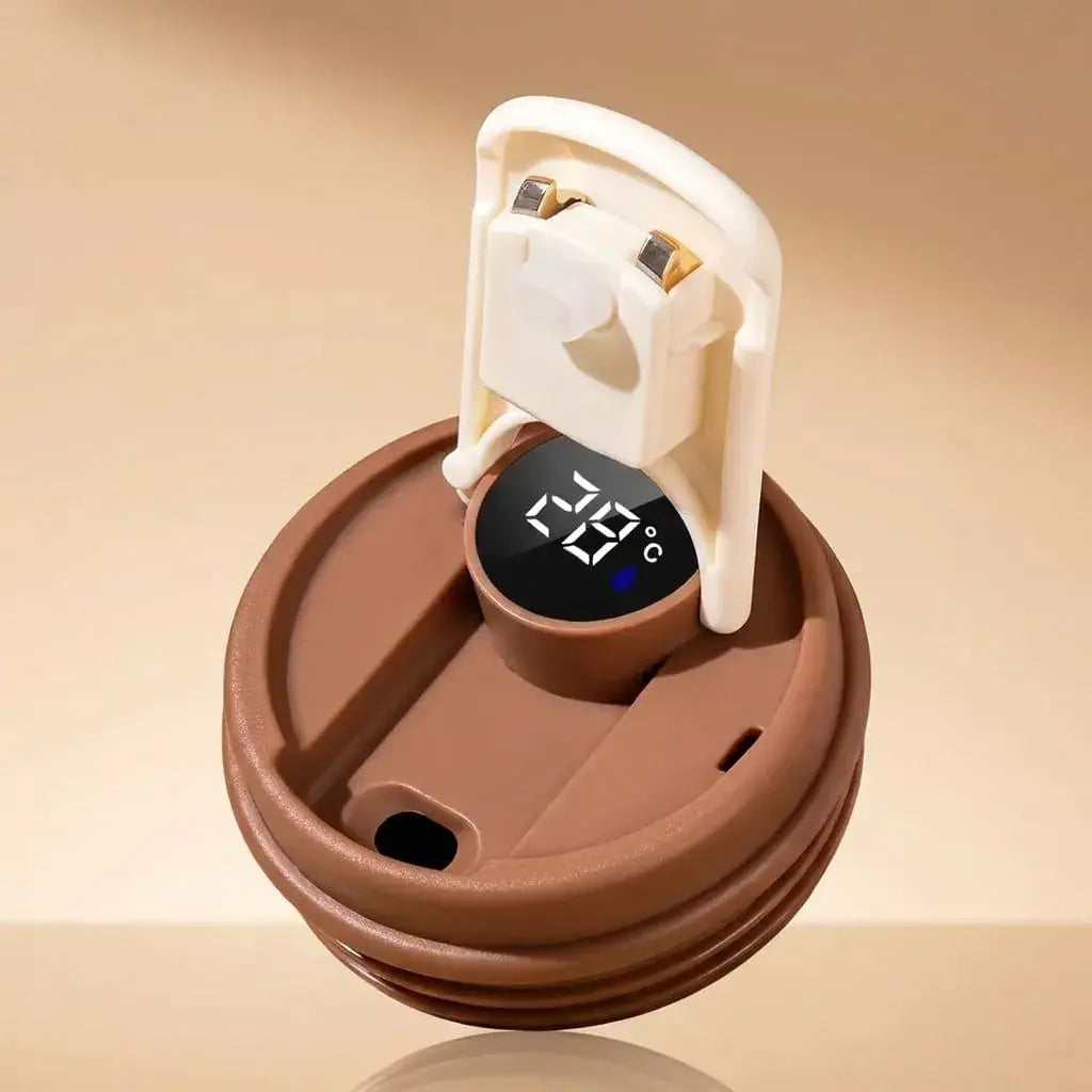 Termo vaso térmico con pantalla digital LED, interior en acero inoxidable y tapa hermética. Ideal para café, té, agua y bebidas frías o calientes.