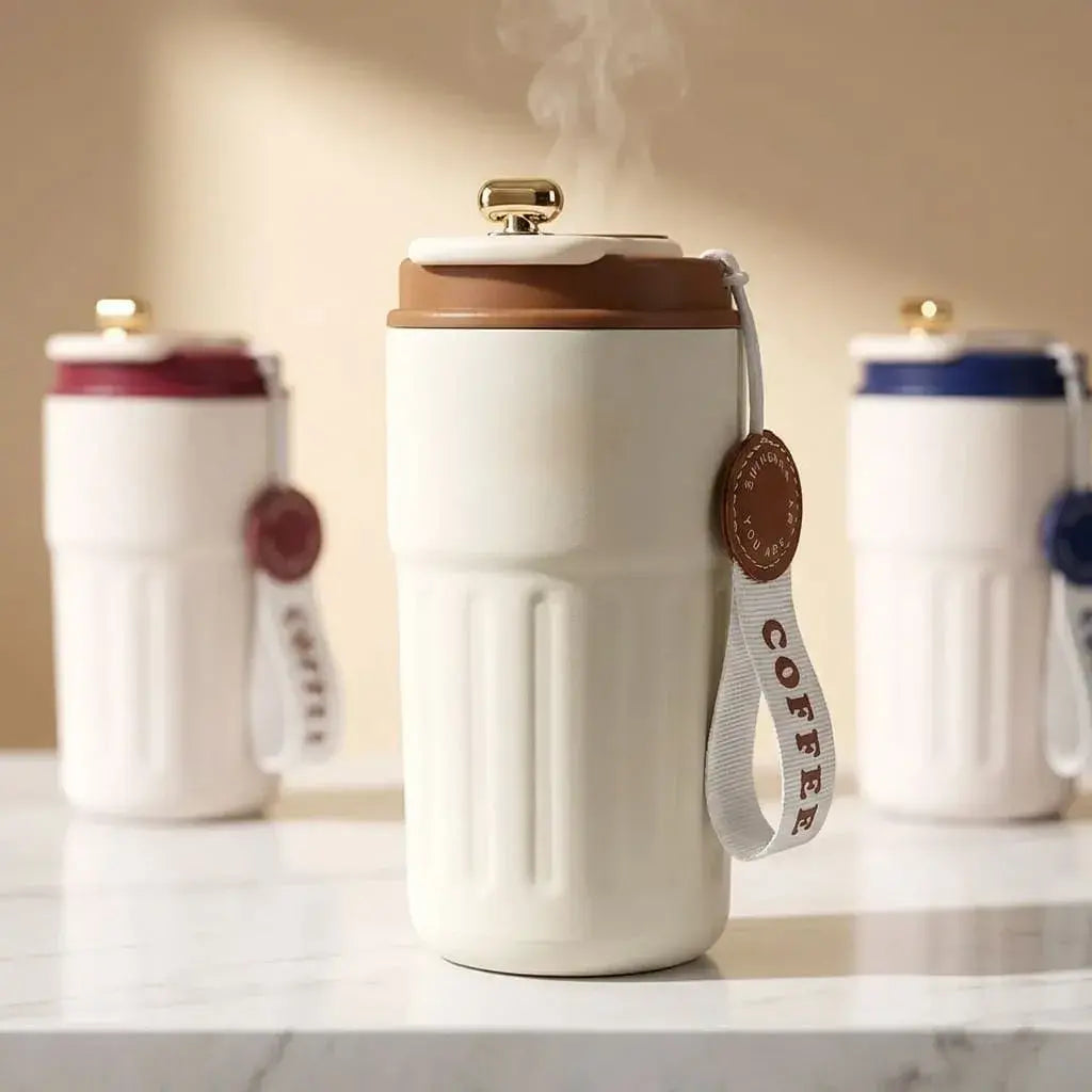 Termo vaso térmico con pantalla digital LED, interior en acero inoxidable y tapa hermética. Ideal para café, té, agua y bebidas frías o calientes.