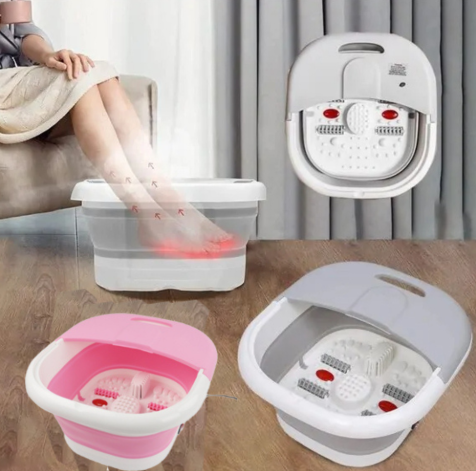 Tina spa para pies plegable con rodillos masajeadores, cubierta antisalpicaduras, diseño compacto y asa antideslizante para relajación en casa.