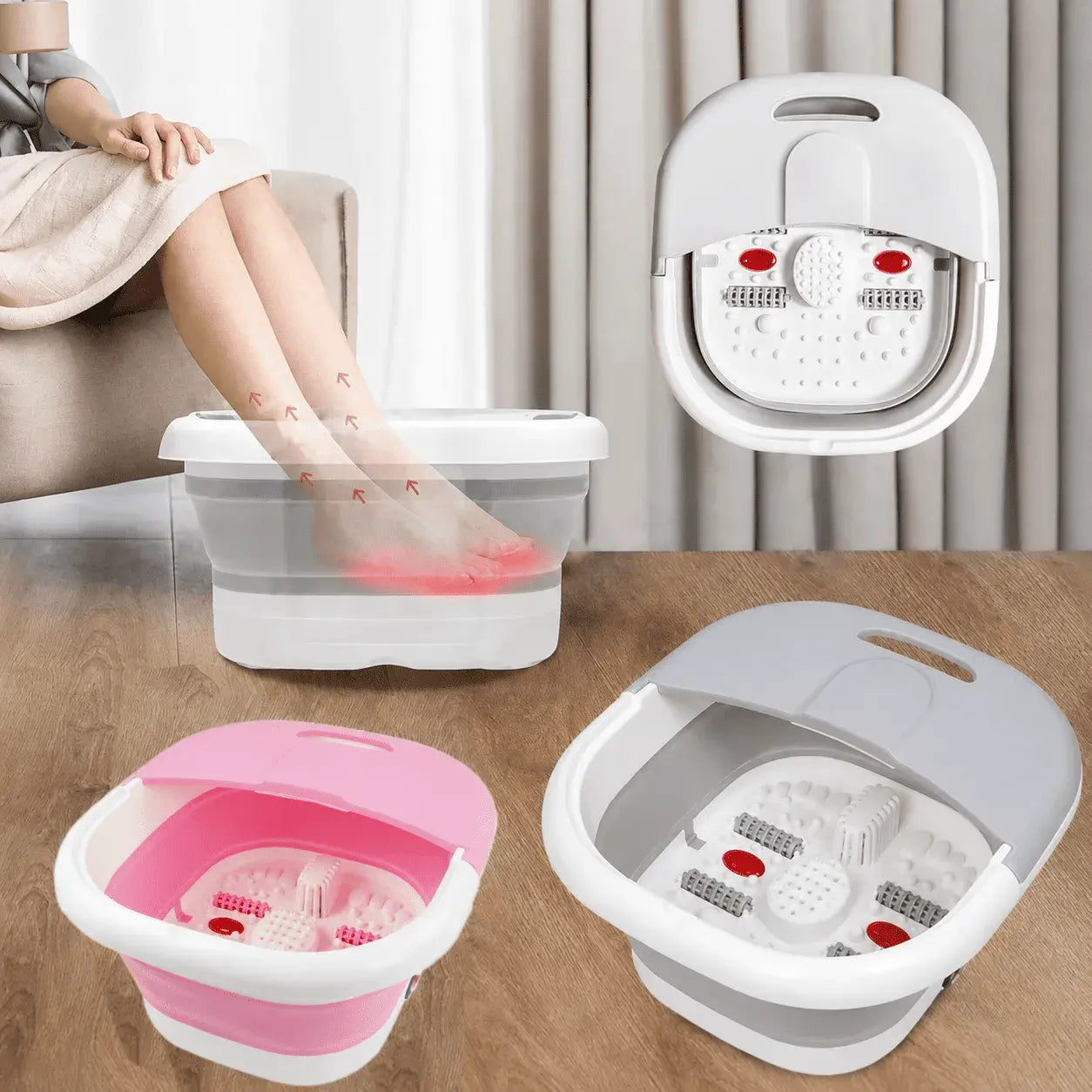 Tina spa para pies plegable con rodillos masajeadores, cubierta antisalpicaduras, diseño compacto y asa antideslizante para relajación en casa.
