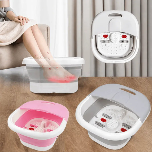 Tina spa para pies plegable con rodillos masajeadores, cubierta antisalpicaduras, diseño compacto y asa antideslizante para relajación en casa.