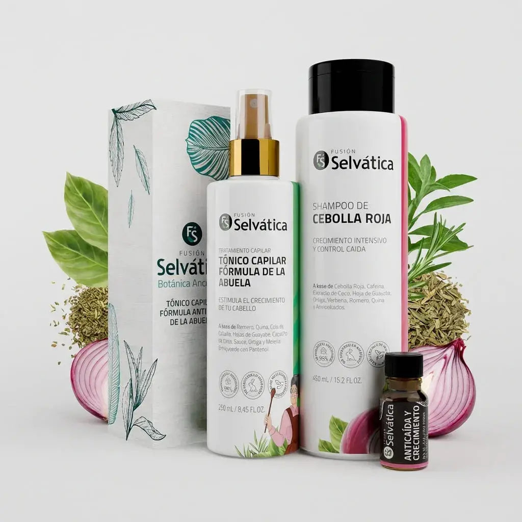 Trío capilar anticaída con shampoo, tónico y ampolleta que ayuda a fortalecer el cabello, mejorar su apariencia de densidad y cuidar el cuero cabelludo de forma natural.