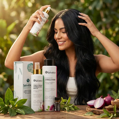 Trío capilar anticaída con shampoo, tónico y ampolleta que ayuda a fortalecer el cabello, mejorar su apariencia de densidad y cuidar el cuero cabelludo de forma natural.