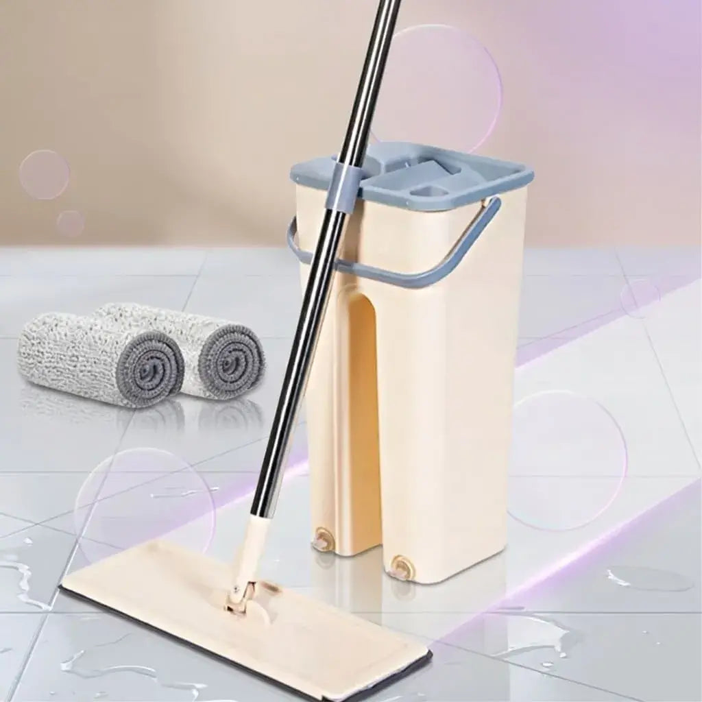 Trapeador JOYMOOP con cubo de 2 tanques para lavado y secado, escurridor manos libres y mopa plana ideal para limpieza práctica de pisos en el hogar.