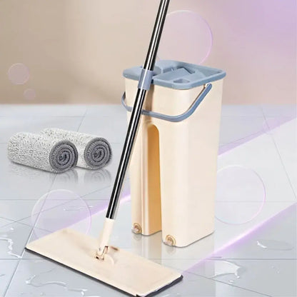 Trapeador JOYMOOP con cubo de 2 tanques para lavado y secado, escurridor manos libres y mopa plana ideal para limpieza práctica de pisos en el hogar.
