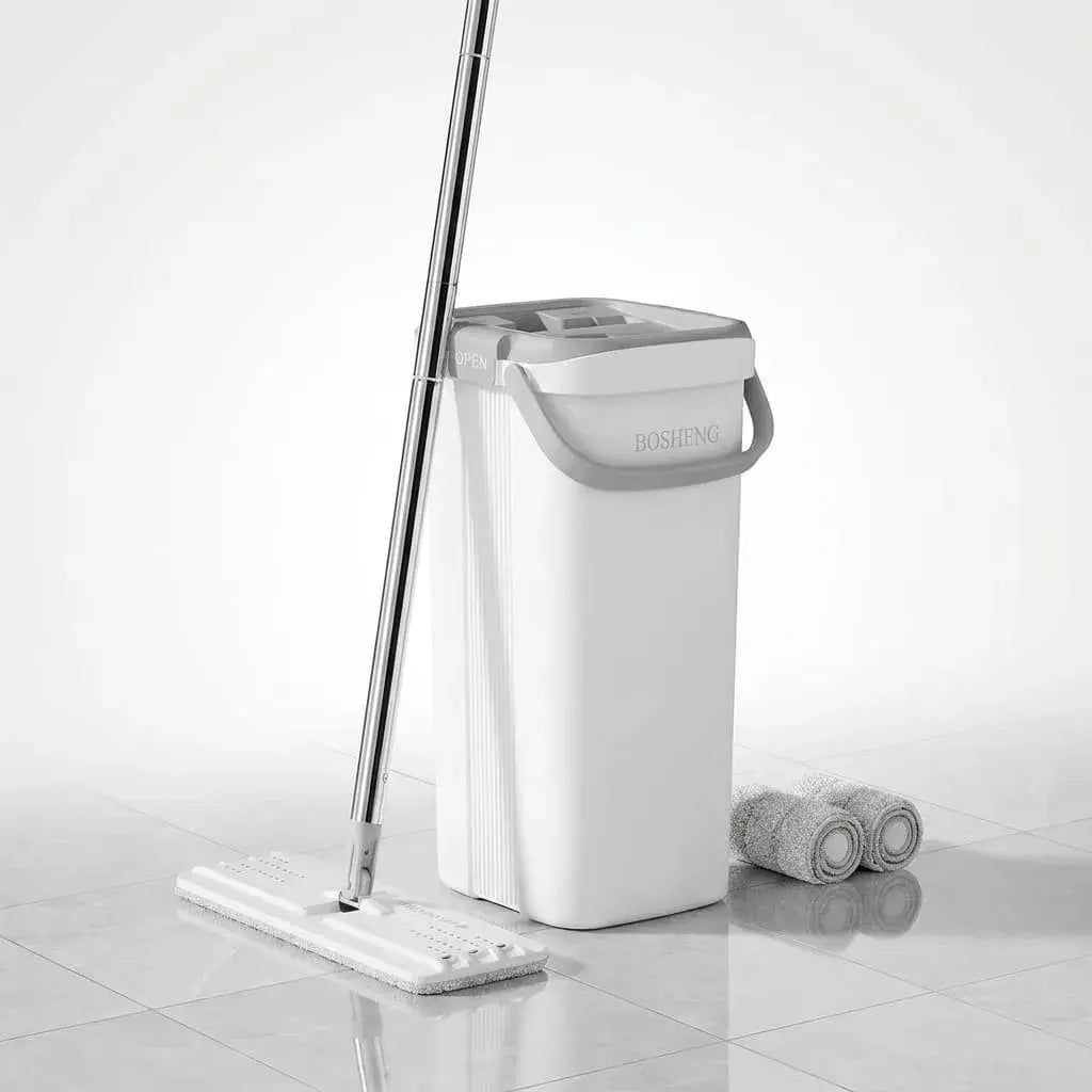 Trapeador JOYMOOP con cubo de 2 tanques para lavado y secado, escurridor manos libres y mopa plana ideal para limpieza práctica de pisos en el hogar.
