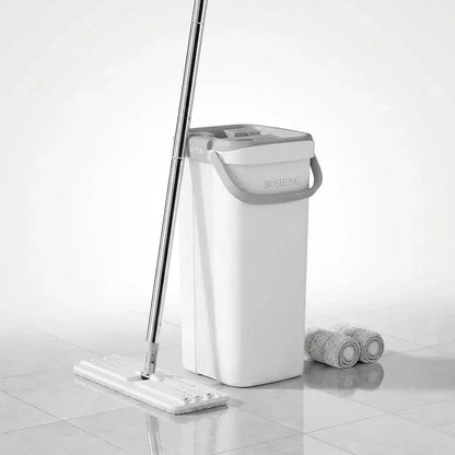 Trapeador JOYMOOP con cubo de 2 tanques para lavado y secado, escurridor manos libres y mopa plana ideal para limpieza práctica de pisos en el hogar.