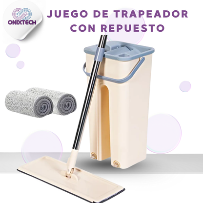 Trapeador JOYMOOP con cubo de 2 tanques para lavado y secado, escurridor manos libres y mopa plana ideal para limpieza práctica de pisos en el hogar.