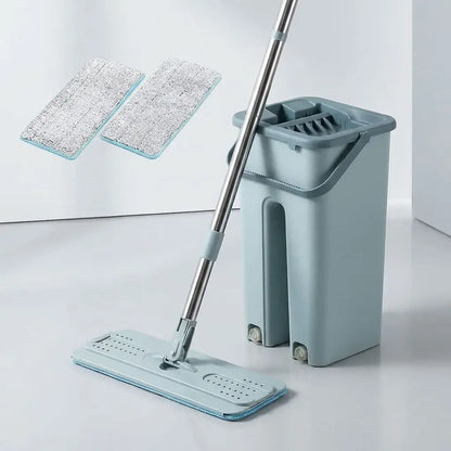 Trapeador JOYMOOP con cubo de 2 tanques para lavado y secado, escurridor manos libres y mopa plana ideal para limpieza práctica de pisos en el hogar.