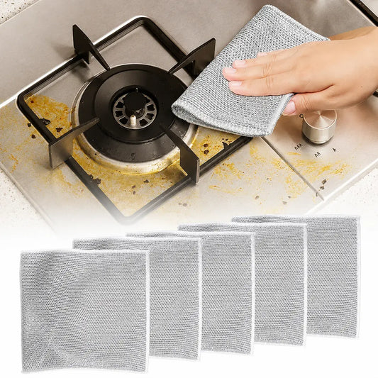 Trapos de acero inoxidable multiusos para limpiar grasa y suciedad sin rayar superficies. Reutilizables, resistentes y de secado rápido.