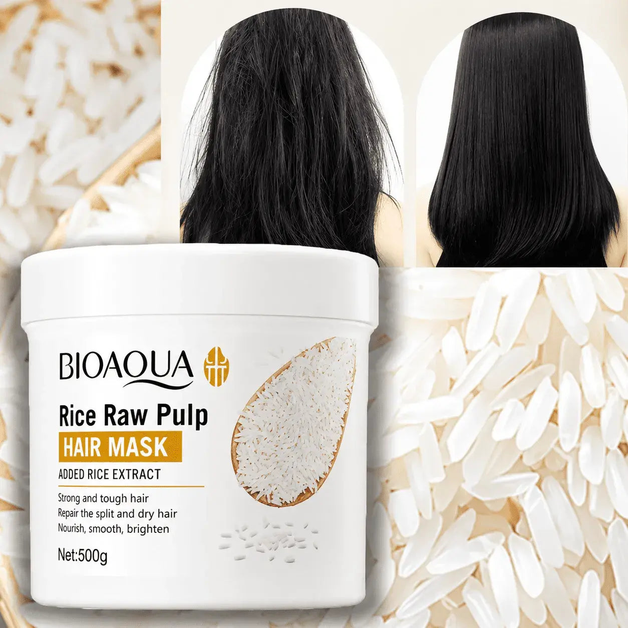 Tratamiento capilar con extracto de arroz para cabello seco, nutrición, suavidad, brillo, manejo del frizz y mejor apariencia de puntas.