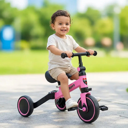 Triciclo para bebés 3 en 1 con diseño evolutivo, estructura resistente y modos adaptables al crecimiento del niño para uso interior y exterior.
