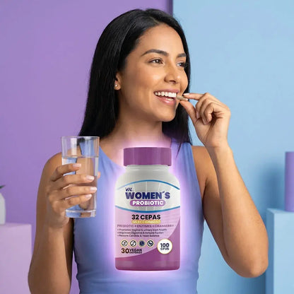 Probiótico femenino en cápsulas veganas con arándano y prebióticos que apoya la salud íntima, urinaria y digestiva.
