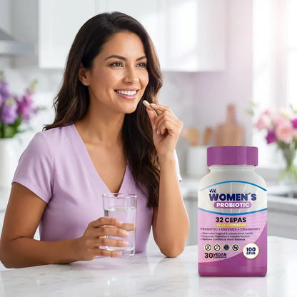 Probiótico femenino en cápsulas veganas con arándano y prebióticos que apoya la salud íntima, urinaria y digestiva.