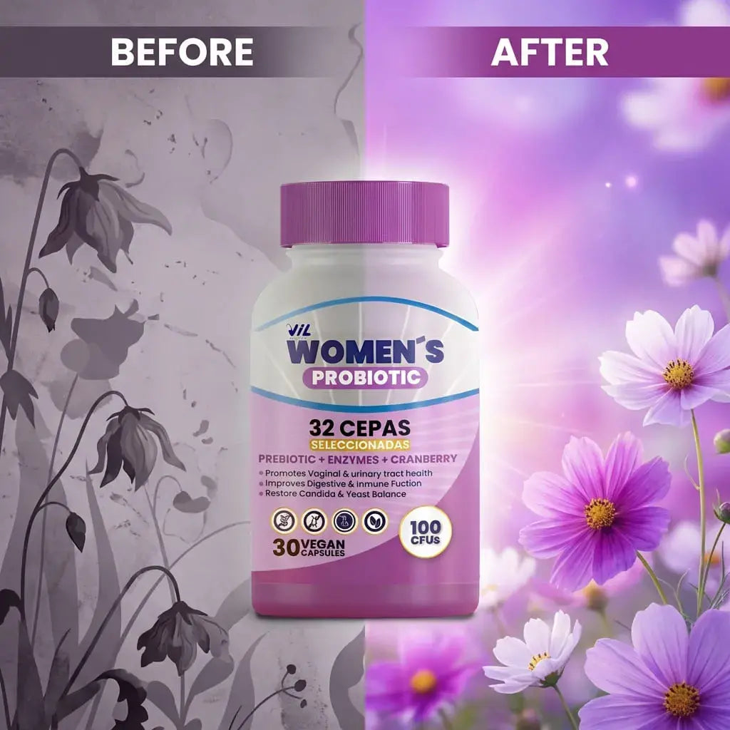 Probiótico femenino en cápsulas veganas con arándano y prebióticos que apoya la salud íntima, urinaria y digestiva.