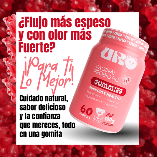 URO Gomitas Probióticas Femeninas con 60 unidades, probióticos y prebióticos. Incluye sachet cereza y Gummies Vi King. Apoyo diario para bienestar íntimo femenino.