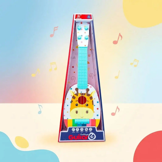 Ukelele infantil educativo con 4 cuerdas ajustables, diseño de animales y material seguro. Ideal para desarrollar música, ritmo y coordinación en niños.