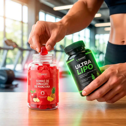 Ultra Lipo™ vinagre de manzana en gomitas y cápsulas, doble formato práctico para integrar a tu rutina diaria de bienestar.