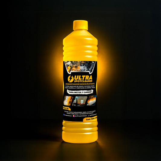 Ultra SpotCleaner, limpiador concentrado para motores, rines, metales, grasa, óxido y manchas de lluvia ácida en carros, motos y maquinaria.