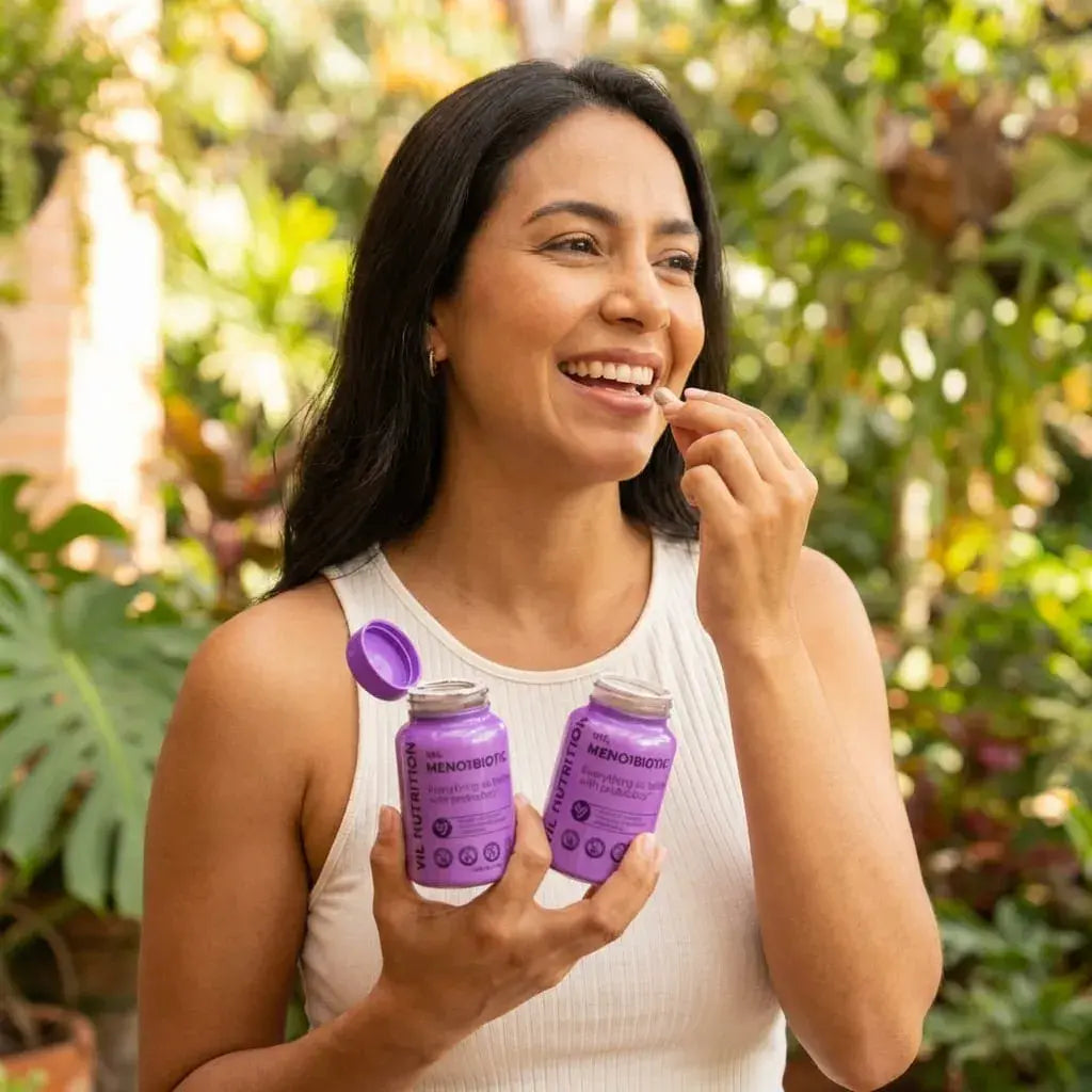 Cápsulas veganas con probióticos y extractos herbales para acompañar la menopausia y perimenopausia de forma natural. VIL MenoYBiotic 60 cápsulas.