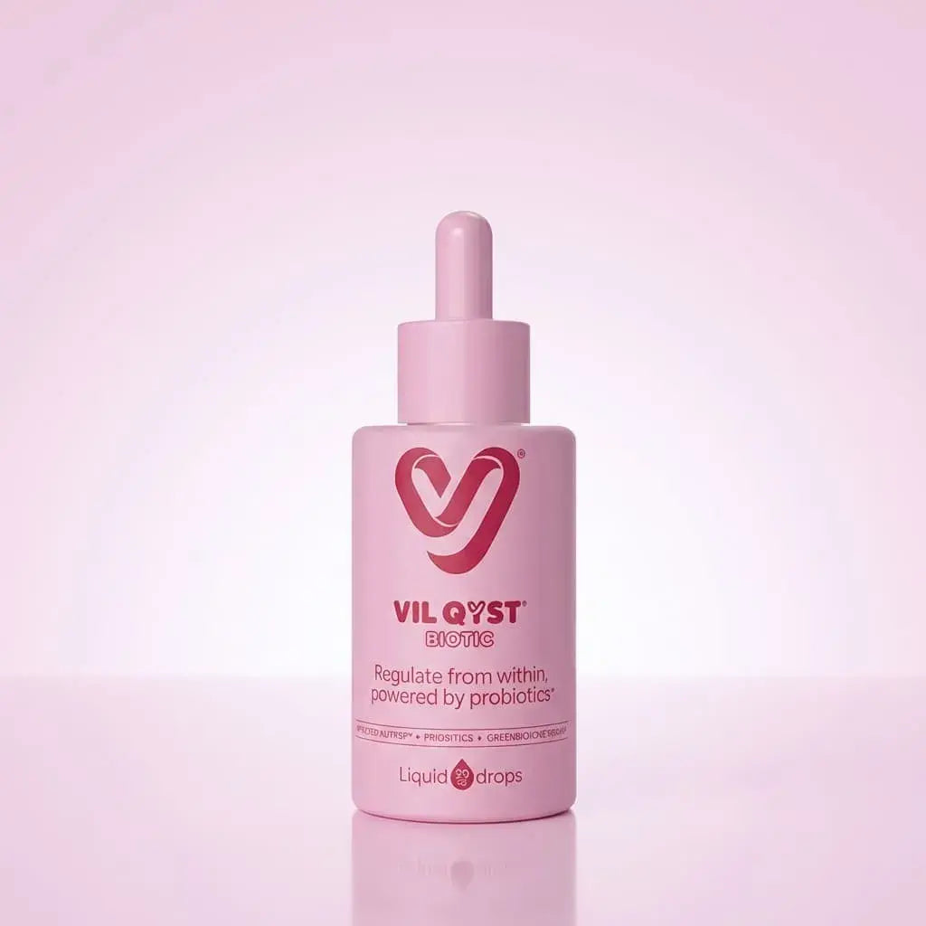 Gotas con probióticos y activos naturales para apoyar el equilibrio hormonal femenino y la regularidad del ciclo. VIL Qyst Biotic 30 ml.