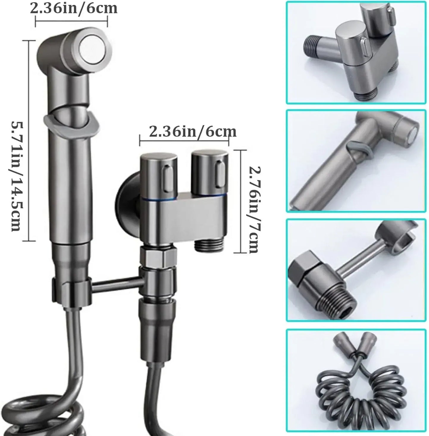 Válvula doble de agua de 1/2 pulgada con rociador, manguera flexible y flujo ajustable. Ideal para sanitario, lavadora, ducha y limpieza del baño.