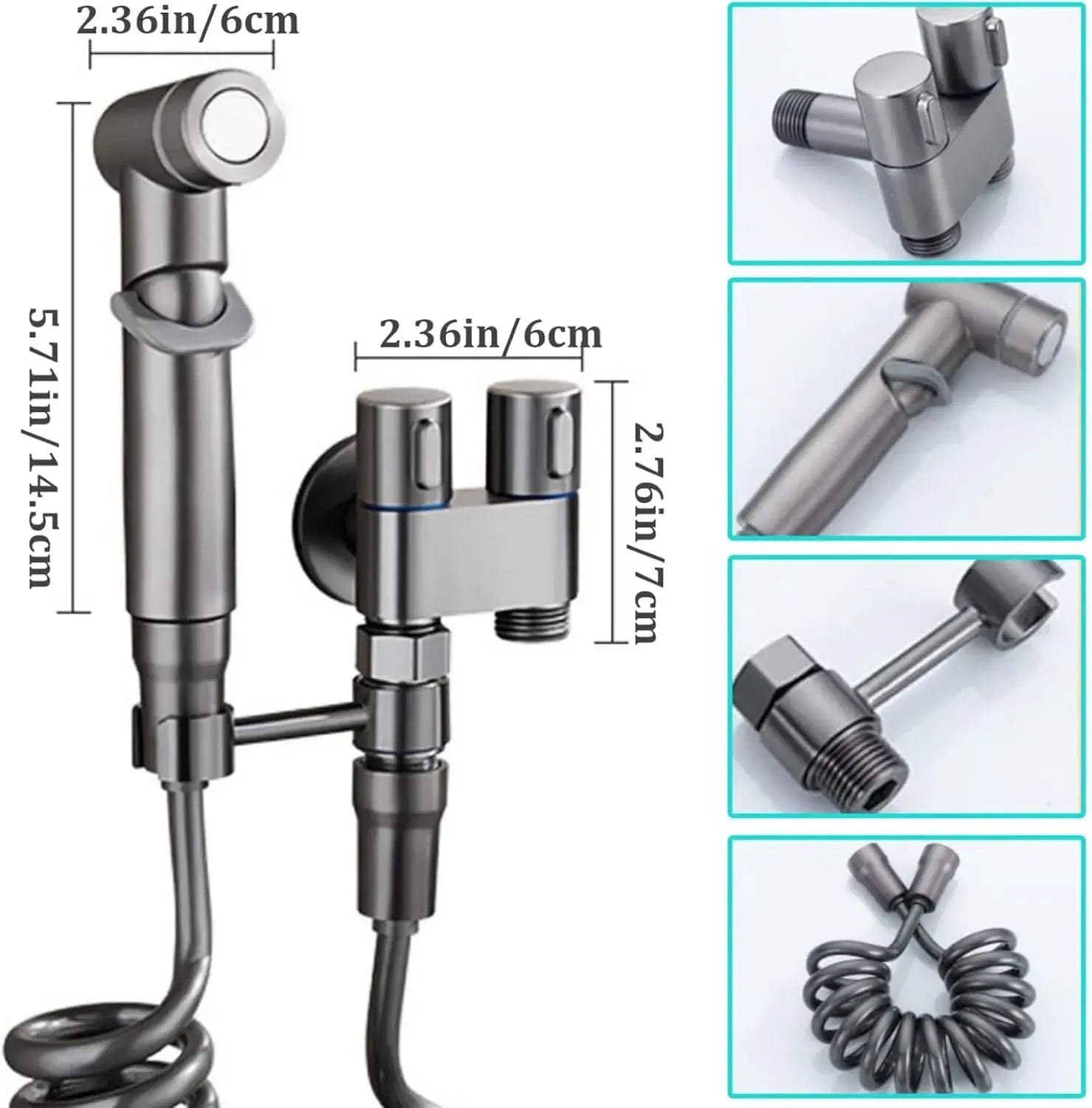 Válvula doble de agua de 1/2 pulgada con rociador, manguera flexible y flujo ajustable. Ideal para sanitario, lavadora, ducha y limpieza del baño.