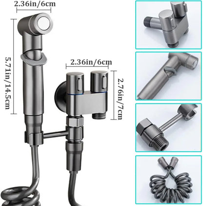 Válvula doble de agua de 1/2 pulgada con rociador, manguera flexible y flujo ajustable. Ideal para sanitario, lavadora, ducha y limpieza del baño.