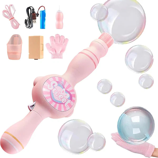 Varita mágica de burbujas para niños con efecto niebla, luces LED y música. Juguete recargable ideal para fiestas, juegos interactivos y diversión al aire libre.