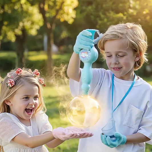 Varita mágica de burbujas para niños con efecto niebla, luces LED y música. Juguete recargable ideal para fiestas, juegos interactivos y diversión al aire libre.