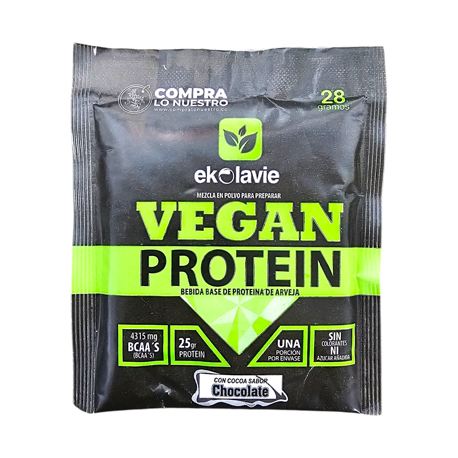 Vegan Proteína de Arveja con BCAA en sobre individual. Suplemento vegetal con 25 g de proteína y 4315 mg de BCAA por porción, ideal para adultos activos, veganos y vegetarianos.