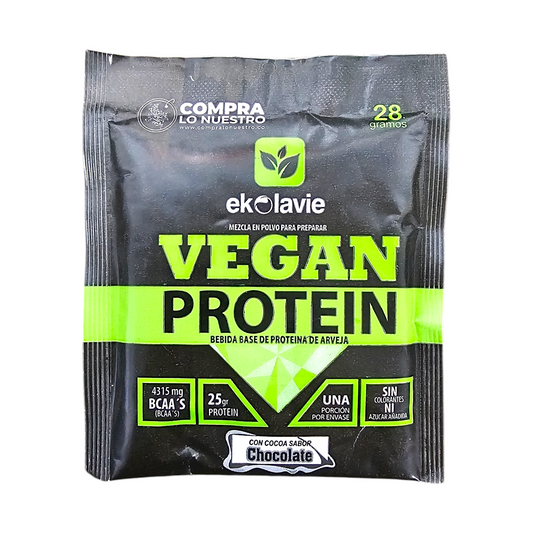 Vegan Proteína de Arveja con BCAA en sobre individual. Suplemento vegetal con 25 g de proteína y 4315 mg de BCAA por porción, ideal para adultos activos, veganos y vegetarianos.