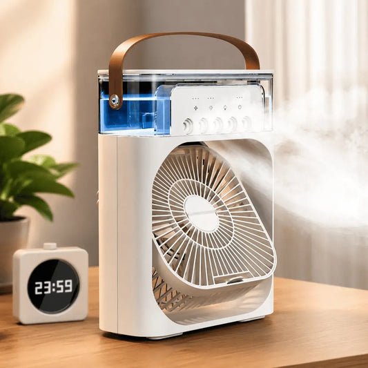 Ventilador humidificador portátil con conexión USB tipo C, tres velocidades, atomización ajustable y tanque de agua de 600 ml.
